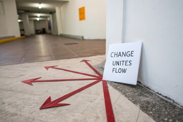 Red arrows radiating on a floor from a sign stating change unites flow