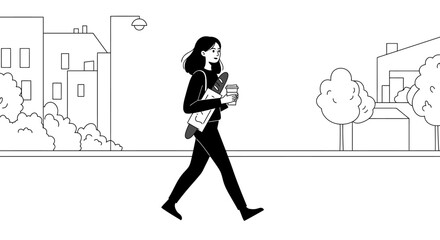 Young woman walks down city sidewalk carrying cat in arms and coffee cup in hand casual urban scene isolated on white background