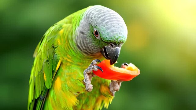 A vibrant parrot holds a red pepper slice with its claws, highlighting the parrot's colorful feathers. The parrot and the pepper contrast beautifully with the blurred green backgro