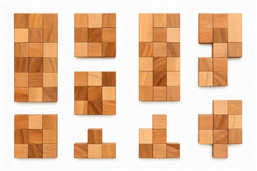Creative Wooden Block Puzzle Arrangement on White Background Representing Problem Solving and Design Concept