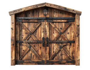Rustic wooden barn doors with black iron accents, a small light, and a gabled roof