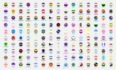 Circular LGBTQ+ Pride Flags collection chart representing diverse gender and sexual identities. Set of LGBTQ community flags. Vector illustration.