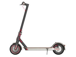 Electric scooter with black frame red cable accents and wood deck conveying urban commute ease and excitement