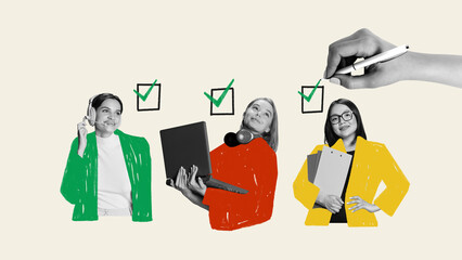 Colorful collage. Hand checking marks above three successful women with laptops and documents. Concept of career achievement, professional performance, and business teamwork.