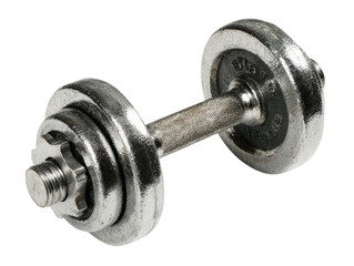 Chrome dumbbell weight plate barbell handle with textured grip lying transparency background showing metallic workout equipment