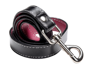 Black leather dog leash with pink lining and metal clasp coiled transparency background, elegant pet accessory with stitched