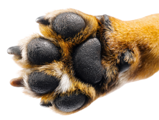 Dog paw closeup brown fur black pad with texture and claws showing natural detail warm tone