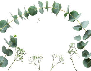 Eucalyptus garland with white flowers on black background forming a graceful circular composition