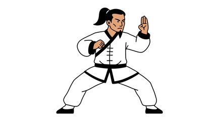 Martial arts fighter demonstrating kung fu stance with powerful hand gesture ready for combat and training exercises isolated on white background