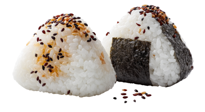 Two triangular rice balls topped with seeds