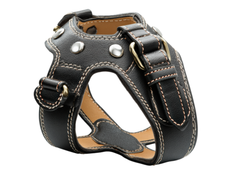 Black leather dog harness with contrast stitching and brass buckle, sturdy comfortable design for walking and control