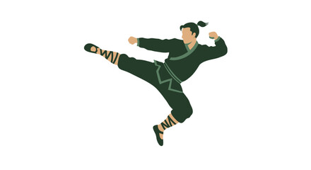 Fototapeta premium Martial arts practitioner performing dynamic high kick in mid-air demonstrating skill and agility in traditional uniform for combat sports and self-defense isolated on white background