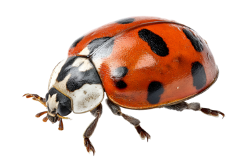 Detailed studio shot of a ladybug insect highlighting its vivid orange shell and symmetrical black dots showcasing natures elegant pattern and structural design insect close up