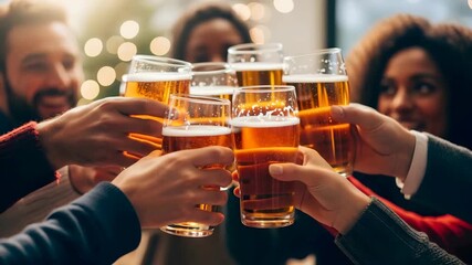 Group of friends toasting with beer mugs. Celebration of festival Oktoberfest with drinks. Party, leisure, friendship concept