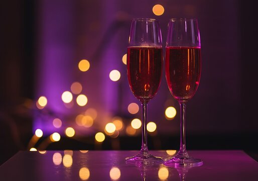 Champagne Flutes with Purple and Gold Lights. Generative Ai