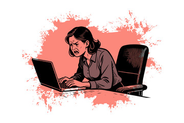 Angry woman typing on laptop at desk, comic style illustration with red splash background, concept of frustration at work
