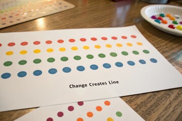 White paper with colorful dots forming lines and Change Creates Line text