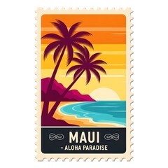 maui aloha paradise beach sunset stamp