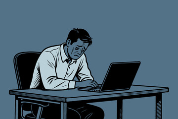 Man with sad expression working at a laptop in stylized comic drawing style, seated at a desk, blue background, concept of workplace stress
