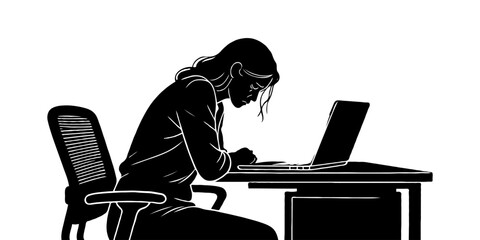A woman in silhouette slouches over a laptop at a desk, black and white drawing on white background, concept of burnout and workplace stress
