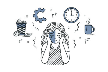Sad woman holding head in stress, surrounded by clock, trash, coffee, and gear icons in minimalist line art on white background, concept of burnout