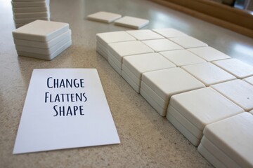 White stacked cubes transforming into flat tiles with text card