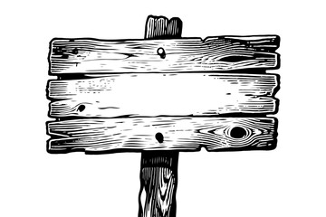 Old wooden signboard with textured planks in hand-drawn black and white style on white background. Concept of vintage signage or direction