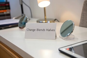 White tent card with text Change Blends Halves on a modern desk