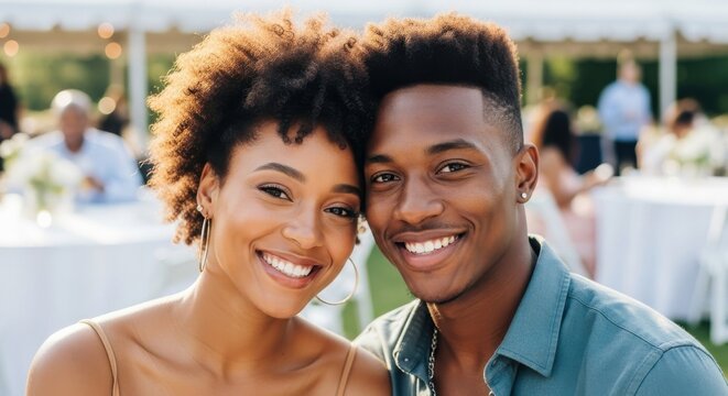 Smiling couple enjoying a joyful moment at an outdoor event on a sunny day in a beautiful garden setting - Powered by Adobe