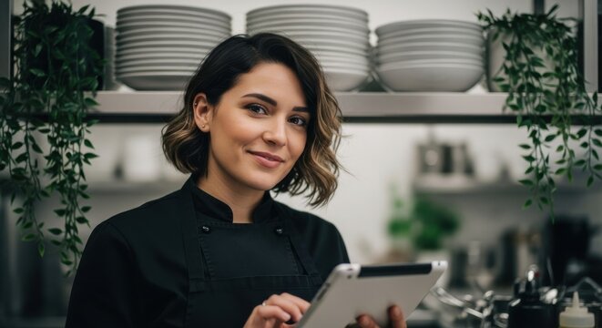 Chef using tablet in kitchen while smiling, ready to manage food orders and enhance kitchen operations