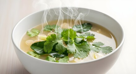 steaming bowl of hot asian soup with fresh herbs