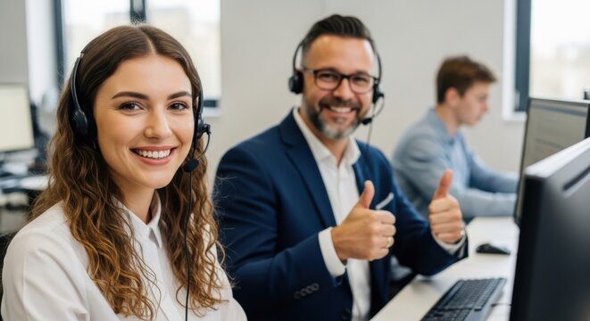 Customer support team members providing assistance in a modern office setting during business hours