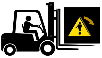 Silhouette of a forklift with a warning sign carrying a load
