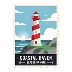 coastal lighthouse ocean landscape stamp illustration