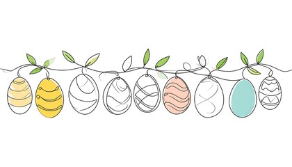 Garland of decorative Easter eggs with green leaves