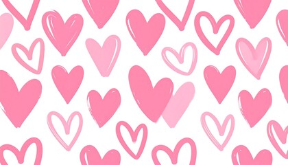 Playful pattern of pink hearts, hand-drawn, diverse styles, white backdrop