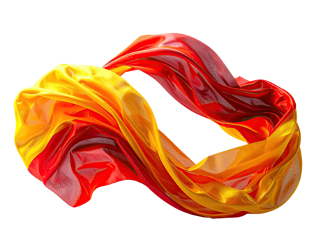 Flowing abstract fabric, blending shades of red, orange and yellow, against a black background
