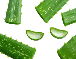 Close-up of several aloe vera leaves, some sliced, against a stark black background