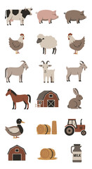Farm Animals and Agricultural Elements Illustration Set.
