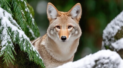 Coyote resting among snow-covered foliage in a forest environment during winter