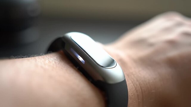 Fitness tracker on wrist closeup.