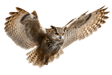 Majestic flight of an eagle owl spreading impressive wings in the sky a portrait of wildlife in action expressing freedom and power a magnificent avian predator