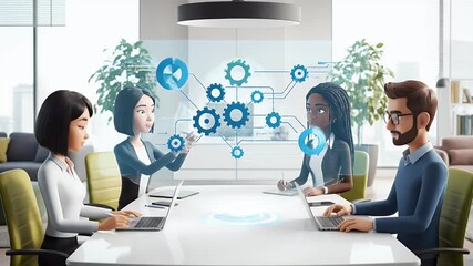 Diverse Team Meeting with Holographic Tech Overlay in Modern Office - Powered by Adobe