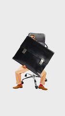 Creative collage. Person sitting on office chair holding oversized briefcase symbolizing job...