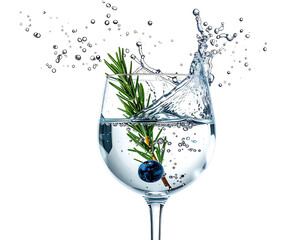 A clear glass fills with water, a splash occurring with a rosemary sprig and a berry