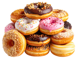 A delectable stack of freshly baked donuts, coated in a variety of colorful frostings and toppings