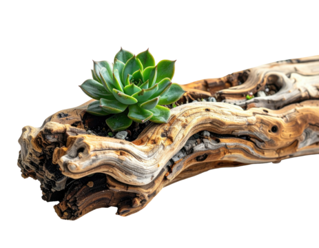 A vibrant green succulent nestled within a weathered, textured piece of driftwood against a black background