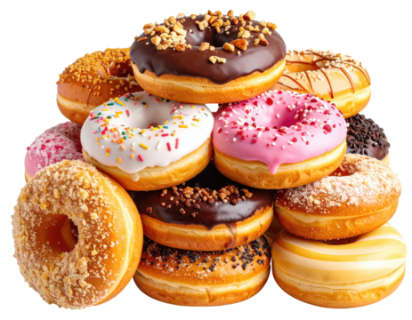 A delectable stack of freshly baked donuts, coated in a variety of colorful frostings and toppings