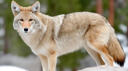 Fototapeta premium Coyote standing on a rock in a snowy landscape showcasing its unique coat and keen expression during winter in a natural setting