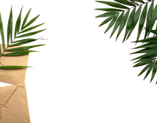 Composition featuring tropical greenery accenting natural-toned envelopes on a solid black background